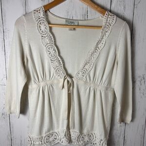 LOFT Cream Lace Trim Cardigan Top Womens XS Crochet Detail